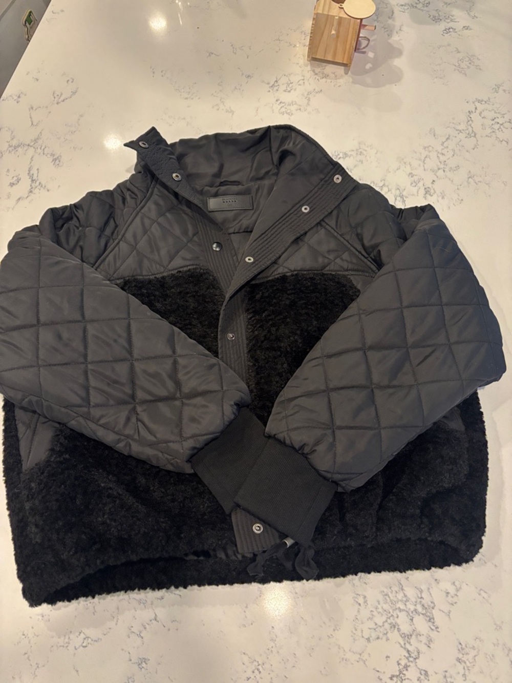 Blank NYC Black Quilted Bomber Jacket with Sherpa Panels M
